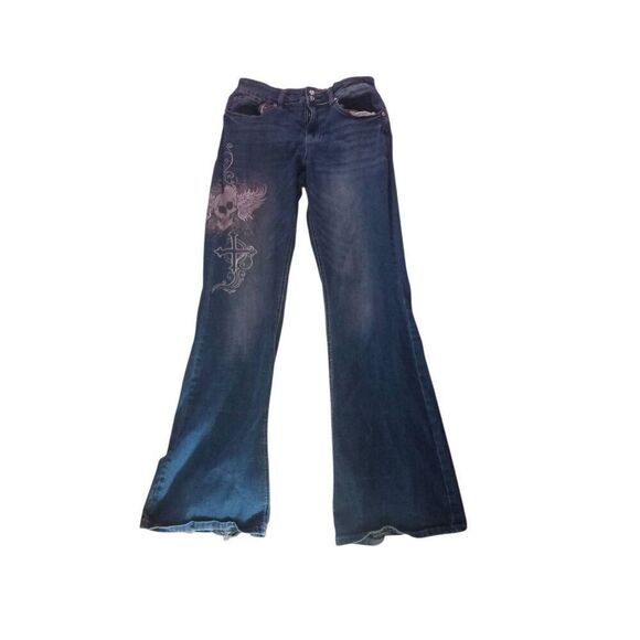 Hot topic size 9 skull wings cross women's flare jeans - Picture 1 of 3